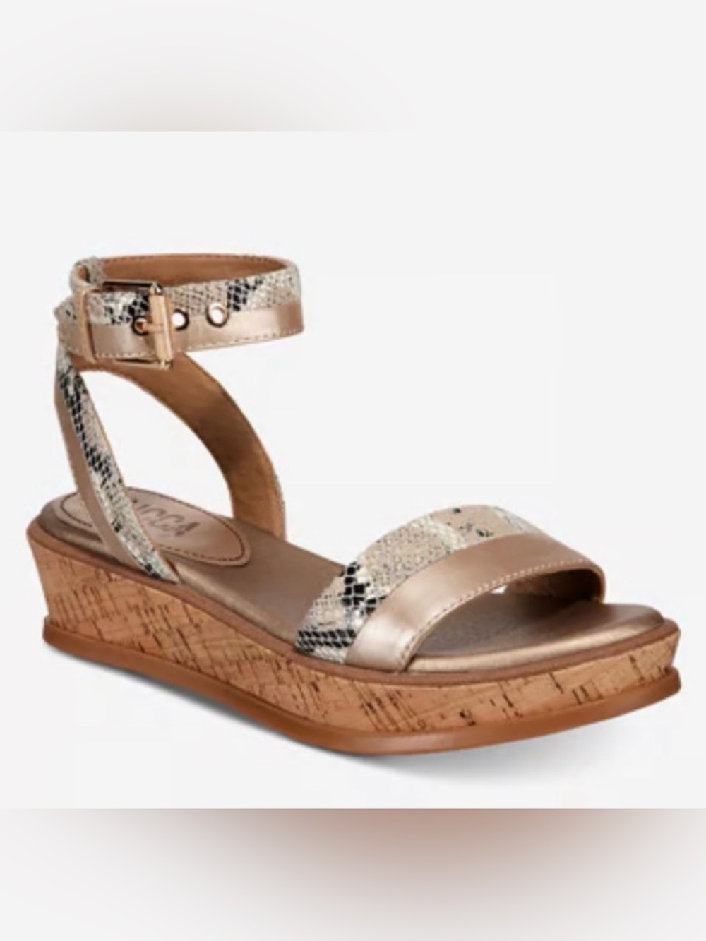 Lucca Lane Karel Cork Wedge Sandals, Metallic  Taupe & Snake Print Size 7 1/2